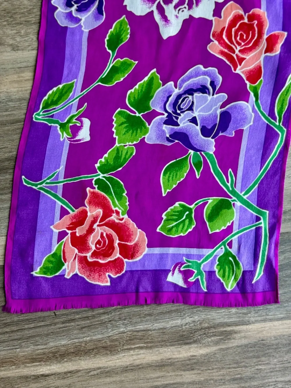 Vintage Oscar‎ De La Renta Floral Long Scarf Magenta Purple Rose Print